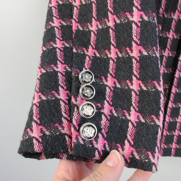 Rachel Zoe Women's Tweed Blazer Jacket L Black Pink Plaid Wool Blend Career 1126 - Picture 7 of 11
